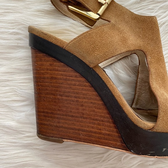 Michael Korks Tan Suede Peep Toe Josephine Wedge Sandals - Picture 5 of 15
